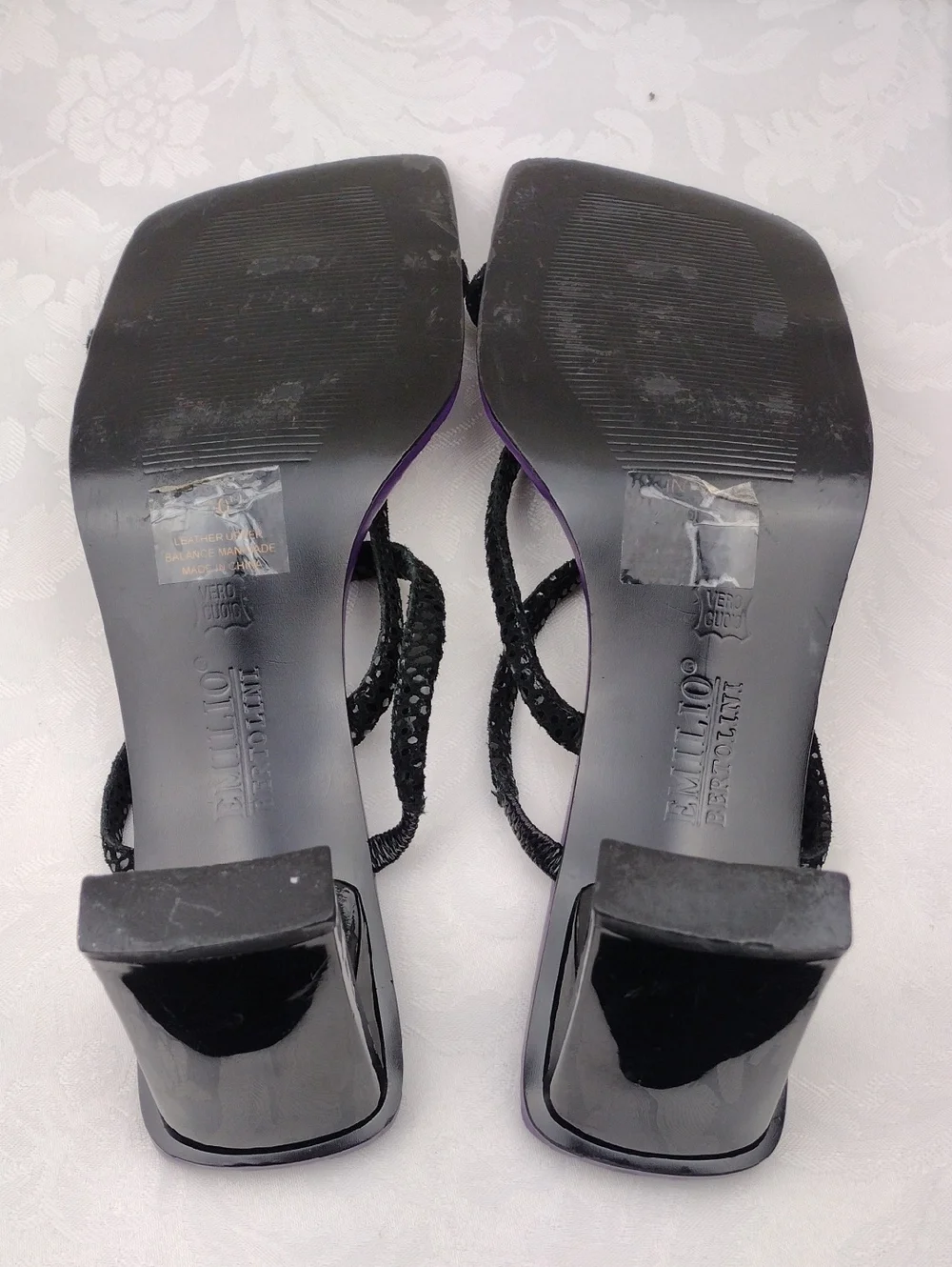 Emilio Bertolini Purple Leather Texture Strappy Square Toe Sculpt Heel Sandal